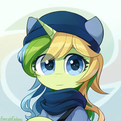 Size: 900x900 | Tagged: safe, artist:emeraldgalaxy, imported from derpibooru, oc, oc only, oc:emerald galaxy, pony, unicorn, abstract background, bust, clothes, eye clipping through hair, female, hat, looking at you, mare, portrait, scarf, shirt, smiling, solo