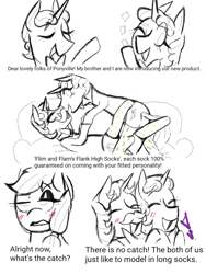 Size: 864x1152 | Tagged: safe, artist:dsstoner, imported from derpibooru, applejack, flam, flim, earth pony, pony, unicorn, blushing, butt, clothes, comic, female, flim flam brothers, male, mare, partial nudity, plot, socks, stallion, text, thigh highs