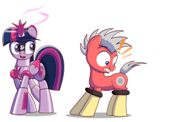 Size: 1280x906 | Tagged: safe, artist:trackheadtherobopony, imported from derpibooru, twilight sparkle, oc, oc:trackhead, alicorn, pony, robot, robot pony, emanata, gritted teeth, magic, open mouth, open smile, ponified, revenge, roboticization, role reversal, shocked, shocked expression, simple background, smiling, species swap, transparent background, twibot, twilight sparkle (alicorn)