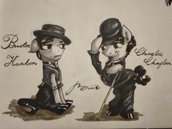 Size: 4608x3456 | Tagged: safe, artist:musical ray, imported from derpibooru, pony, buster keaton, charlie chaplin, clothes, hat, monochrome, ponified, traditional art