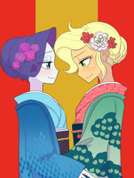 Size: 1620x2160 | Tagged: safe, artist:haibaratomoe, imported from derpibooru, applejack, rarity, equestria girls, alternate hairstyle, clothes, female, flower, flower in hair, kimono (clothing), lesbian, rarijack, shipping