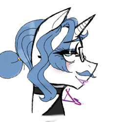 Size: 864x864 | Tagged: safe, artist:dsstoner, imported from derpibooru, fancypants, pony, unicorn, blushing, clothes, crossdressing, dress, eyeshadow, glasses, hair bun, lipstick, makeup, male, stallion