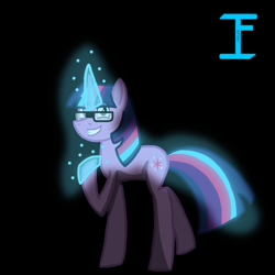 Size: 1080x1080 | Tagged: safe, artist:itzf1ker1, imported from derpibooru, sci-twi, twilight sparkle, oc, pony, unicorn, black background, female, glasses, glowing horn, horn, mare, powerful sparkle, simple background, solo, tail