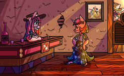 Size: 986x613 | Tagged: safe, artist:spudsmcfrenzy, imported from derpibooru, igneous rock pie, pinkie pie, rainbow dash, twilight sparkle, anthro, unicorn, comic:outlaw au, ashtray, bottle, clothes, cowboy hat, dress, hat, pinkamena diane pie, racism, saloon