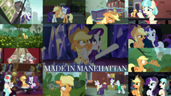 Size: 1968x1108 | Tagged: safe, edit, edited screencap, editor:quoterific, imported from derpibooru, screencap, applejack, blue peeler, blueberry curls, bubblegum blossom, charlie horse, coco pommel, late show, on stage, pearly stitch, rarity, raspberry beret, waxton, made in manehattan, bronclyn, coco's apartment, manehattan, stage, twilight's castle