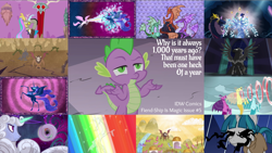 Size: 1978x1113 | Tagged: safe, edit, edited screencap, editor:quoterific, imported from derpibooru, screencap, adagio dazzle, aria blaze, discord, lord tirek, nightmare moon, pony of shadows, princess celestia, princess luna, scorpan, sonata dusk, spike, star swirl the bearded, stygian, tree of harmony, twilight sparkle, alicorn, equestria girls, friendship is magic, princess twilight sparkle (episode), rainbow rocks, shadow play, simple ways, the return of harmony, twilight's kingdom, big crown thingy, element of magic, jewelry, regalia, the dazzlings, twilight sparkle (alicorn)