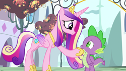 Size: 1920x1080 | Tagged: safe, imported from derpibooru, screencap, princess cadance, spike, alicorn, dragon, pony, princess spike (episode), season 5, dragonsneeze, female, male, mare