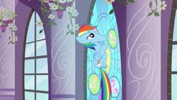 Size: 1920x1080 | Tagged: safe, imported from derpibooru, screencap, rainbow dash, pegasus, pony, the return of harmony, female, great moments in animation, mare, solo, stained glass window, why the long face