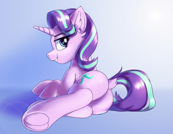 Size: 3600x2800 | Tagged: safe, artist:ravistdash, imported from derpibooru, starlight glimmer, pony, unicorn, adorasexy, beautiful, beautisexy, both cutie marks, butt, cute, cutie mark, dock, ear fluff, frog (hoof), glimmer glutes, high res, looking at you, looking back, looking back at you, lying, plot, sexy, simple background, smiling, smirk, solo, underhoof