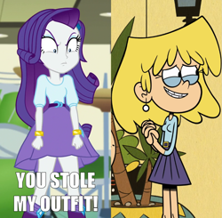 Size: 1481x1450 | Tagged: safe, edit, edited screencap, imported from derpibooru, screencap, rarity, human, dance magic, equestria girls, spoiler:eqg specials, angry, caption, clothes, cropped, crossover, female, image macro, impact font, lori loud, meme, similarities, skirt, text, the loud house