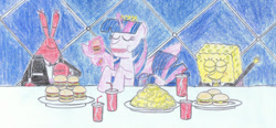 Size: 2152x1000 | Tagged: safe, artist:nathanamiel, artist:spongebronyph, imported from derpibooru, twilight sparkle, alicorn, pony, seapony (g4), my little pony: the movie, bowing, caption, color pencil, colored pencil drawing, crossover, food, french fries, image macro, krabby patties, krusty krab, mr. krabs, soda, spoiler, spongebob squarepants, text, traditional art, trio, twilight sparkle (alicorn)