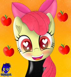 Size: 3840x4154 | Tagged: safe, artist:damlanil, imported from derpibooru, apple bloom, earth pony, pony, adorabloom, apple, apple bloom's bow, blushing, bow, catsuit, clothes, cute, female, filly, food, hair bow, happy, heart, heart eyes, latex, latex suit, looking at you, mare, open mouth, rubber, shine, shiny, simple background, smiling, spy, suit, vector, weapons-grade cute, wingding eyes