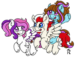 Size: 2000x1500 | Tagged: safe, artist:dawn-designs-art, imported from derpibooru, oc, oc only, oc:amethyst, oc:dawn, oc:lucky knight, earth pony, pegasus, pony, derpibooru community collaboration, 2021 community collab, digital art, female, flying, friendship, male, mare, simple background, stallion, transparent background, trio