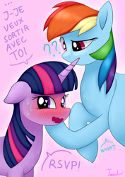 Size: 2480x3507 | Tagged: safe, artist:twidasher, imported from derpibooru, rainbow dash, twilight sparkle, pegasus, pony, unicorn, blushing, chest fluff, duo, female, floppy ears, french, heart eyes, lesbian, question mark, shipping, signature, sweat, translated in the description, twidash, unicorn twilight, wingding eyes