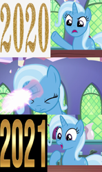 Size: 640x1080 | Tagged: safe, artist:mlpfan3991, edit, edited screencap, imported from derpibooru, screencap, trixie, pony, unicorn, all bottled up, 2020, 2021, angry, exploitable meme, eyes closed, glowing horn, horn, laser, magic, magic aura, meme, open mouth, trixie fixing meme, true story