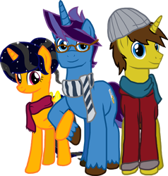 Size: 1200x1260 | Tagged: safe, artist:crisostomo-ibarra, imported from derpibooru, oc, oc only, oc:cyber gamer, oc:midnight shadows, oc:paint sketch, alicorn, pony, unicorn, derpibooru community collaboration, 2021 community collab, alicorn oc, clothes, female, glasses, horn, jacket, male, mare, scarf, simple background, smiling, stallion, transparent background, trio, wings