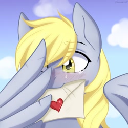 Size: 1024x1024 | Tagged: safe, artist:chickenbrony, artist:cottonaime, imported from derpibooru, derpy hooves, pegasus, pony, blushing, bust, crying, cute, dawwww, derpabetes, envelope, heart, heart eyes, letter, love letter, portrait, sad, sadorable, solo, sweet dreams fuel, tears of joy, wingding eyes