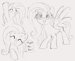 Size: 945x765 | Tagged: safe, artist:dotkwa, imported from derpibooru, fluttershy, pegasus, pony, bust, cute, dialogue, eyes closed, female, happy, happy new year, holiday, looking at you, mare, monochrome, open mouth, raised hoof, shyabetes, sketch, smiling, solo, speech bubble, spread wings, standing, wings