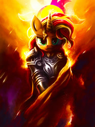 Size: 1500x1992 | Tagged: safe, artist:stdeadra, imported from derpibooru, sunset shimmer, pony, unicorn, :3, armor, big eyes, clothes, coat, fiery shimmer, fire, hair, looking at you, solo, sun, sunset, sunshine shimmer