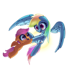 Size: 3000x3300 | Tagged: safe, artist:melanyoprisdraws, artist:melanyschaffer, artist:opal_radiance, imported from derpibooru, rainbow dash, scootaloo, pegasus, pony, backwards cutie mark, cute, cutealoo, dashabetes, female, filly, flying, looking at each other, mare, open mouth, scootaloo can fly, scootalove, simple background, smiling, spread wings, sun, transparent background, wings
