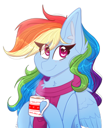 Size: 3032x3574 | Tagged: safe, artist:tizhonolulu, imported from derpibooru, rainbow dash, pegasus, pony, blushing, chocolate, clothes, commission, food, hot chocolate, mug, scarf, simple background, solo, transparent background, ych result