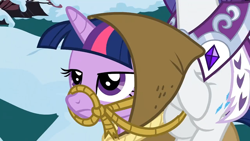 Size: 1334x750 | Tagged: safe, imported from derpibooru, clover the clever, princess platinum, rarity, twilight sparkle, pony, unicorn, hearth's warming eve (episode), season 2, bridle, ponies riding ponies, rarity riding twilight, riding, rope, tack, twilight is not amused, twilight sparkle is not amused, unamused