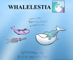 Size: 627x513 | Tagged: safe, artist:banebuster, imported from derpibooru, princess celestia, spike, twilight sparkle, blue whale, fish, sperm whale, squid, whale, series:tiny tia, animal, screencap reference, species swap, wat, whalelestia