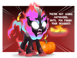 Size: 5000x3809 | Tagged: safe, artist:jhayarr23, imported from derpibooru, oc, oc only, oc:pumpkin breeze, kirin, nirik, absurd resolution, angry, commission, dialogue, fire, food, magic, open mouth, pie, pumpkin, solo