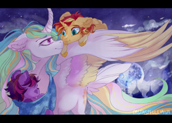 Size: 1050x750 | Tagged: safe, artist:castaspellliana, imported from derpibooru, princess celestia, sunset shimmer, twilight sparkle, alicorn, pony, alicornified, alternate universe, baby, baby carrier, baby pony, baby sunset shimmer, baby twilight sparkle, canterlot, curved horn, eye contact, family, female, filly, filly sunset shimmer, filly twilight sparkle, floppy ears, foal, full moon, horn, looking at each other, mare, mare in the moon, momlestia, moon, mother and child, mother and daughter, night, parent:princess celestia, race swap, shimmercorn, siblings, sisters, sleeping, smiling, spread wings, tower, trio, wing hold, wings, younger