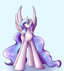 Size: 3334x3675 | Tagged: safe, artist:coco-drillo, imported from derpibooru, princess celestia, alicorn, pony, chest fluff, ear fluff, looking up, majestic, majestic as fuck, simple background, solo, spread wings, standing up, wings