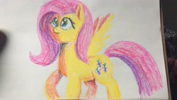 Size: 3412x1920 | Tagged: safe, artist:slamjam, imported from derpibooru, fluttershy, pegasus, pony, female, looking up, mare, pastel, raised hoof, solo, spread wings, standing, three quarter view, traditional art, wings