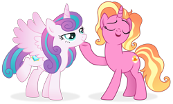 Size: 9812x5930 | Tagged: safe, artist:cirillaq, imported from derpibooru, imported from ponybooru, luster dawn, princess flurry heart, alicorn, pony, unicorn, the last problem, absurd resolution, cutie mark, duo, eyes closed, older, older flurry heart, open mouth, raised hoof, simple background, smiling, transparent background, underhoof