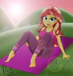 Size: 1982x2048 | Tagged: safe, artist:danielitamlp, imported from derpibooru, imported from ponybooru, sunset shimmer, equestria girls, equestria girls series, wake up!, spoiler:eqg series (season 2), barefoot, breasts, clothes, feet, female, grass, grin, looking at you, open mouth, pants, sitting, smiling, solo, sun, tanktop, wake up!: rainbow dash, yoga, yoga mat, yoga pants