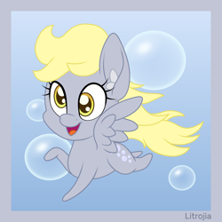 Size: 4000x4000 | Tagged: safe, artist:djdavid98 edits, artist:litrojia, imported from derpibooru, derpy hooves, pegasus, pony, absurd resolution, bubble, chibi, cute, derpabetes, ear fluff, female, flying, open mouth, smiling, solo, spread wings, vector, wings