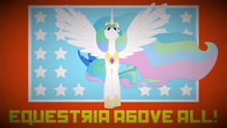 Size: 1280x720 | Tagged: safe, imported from derpibooru, princess celestia, caption, equestrian flag, flag, intimidating, looking at you, motto, red background, simple background, spread wings, text, wings