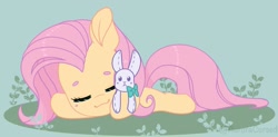 Size: 1200x592 | Tagged: safe, artist:auroracursed, imported from derpibooru, fluttershy, pony, rabbit, animal, chibi, cute, eyes closed, female, green background, lying down, mare, plushie, prone, shyabetes, simple background, sleeping, solo