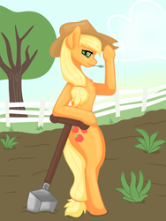 Size: 1200x1600 | Tagged: safe, artist:ismim_art, imported from derpibooru, applejack, earth pony, semi-anthro, farm, full body, fullbody, mud, shovel, straw in mouth