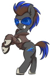 Size: 830x1260 | Tagged: safe, artist:t72b, imported from derpibooru, oc, oc only, oc:blue flare, earth pony, pony, boots, clothes, coat, ear piercing, earring, grin, jewelry, male, piercing, rearing, shoes, simple background, smiling, solo, stallion, sunglasses, transparent background