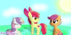 Size: 1024x507 | Tagged: safe, artist:estellastaryt, imported from derpibooru, apple bloom, scootaloo, sweetie belle, earth pony, pegasus, pony, unicorn, bow, cloud, cutie mark, cutie mark crusaders, eyelashes, eyes closed, female, filly, hair bow, lying down, prone, the cmc's cutie marks