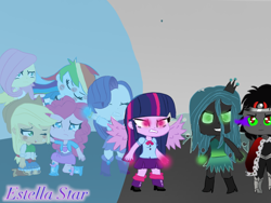 Size: 1024x768 | Tagged: safe, artist:estellastaryt, imported from derpibooru, applejack, fluttershy, king sombra, pinkie pie, queen chrysalis, rainbow dash, rarity, sci-twi, twilight sparkle, human, equestria girls, chibi, clothes, equestria girls-ified, evil grin, eyes closed, female, glowing eyes, glowing hands, grin, hat, humane five, humane six, humanized, magic barrier, male, shoes, smiling, sombra eyes, winged humanization, wings