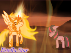 Size: 1024x768 | Tagged: safe, artist:estellastaryt, imported from derpibooru, daybreaker, twilight sparkle, alicorn, pony, unicorn, duo, eyes closed, female, mane of fire, mare, outdoors, raised hoof, smiling, unicorn twilight