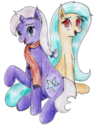 Size: 2248x2897 | Tagged: safe, artist:40kponyguy, derpibooru exclusive, edit, imported from derpibooru, oc, oc only, oc:disastral, oc:floe, crystal pony, unicorn, derpibooru community collaboration, 2021 community collab, broken horn, clothes, ear fluff, horn, looking at you, raised hoof, scarf, simple background, traditional art, transparent background