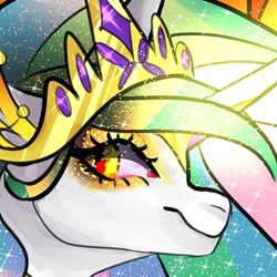 Size: 526x526 | Tagged: safe, artist:laurawithacat, imported from derpibooru, princess celestia, alicorn, pony, alternate design, bust, cropped, ethereal mane, eyelashes, female, jewelry, makeup, mare, solo, starry mane, tiara