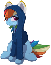 Size: 1010x1280 | Tagged: safe, artist:nighty, derpibooru exclusive, imported from derpibooru, rainbow dash, pegasus, pony, derpibooru community collaboration, 2021 community collab, clothes, colored pupils, ears, eye clipping through hair, feathered wings, female, fluffy, hoodie, leg fluff, looking at you, mare, simple background, sitting, smiling, solo, sweater, tail, transparent background, wings