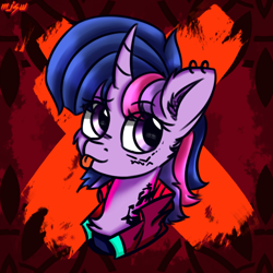 Size: 600x600 | Tagged: safe, artist:mjsw, imported from derpibooru, twilight sparkle, pony, unicorn, :p, abstract background, alternate hairstyle, bust, clothes, curved horn, ear piercing, earring, eyebrows, eyebrows visible through hair, female, horn, jewelry, mare, mlem, piercing, punklight sparkle, silly, sketch, solo, tattoo, tongue out