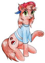 Size: 2389x3385 | Tagged: safe, artist:40kponyguy, derpibooru exclusive, edit, imported from derpibooru, oc, oc only, oc:nintendy, pony, unicorn, derpibooru community collaboration, 2021 community collab, baseball cap, cap, clothes, ear fluff, female, hat, looking at you, mare, poké ball, pokéball, pokémon, raised hoof, shirt, simple background, solo, t-shirt, traditional art, transparent background, underhoof