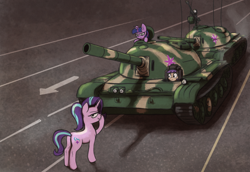 Size: 1720x1180 | Tagged: safe, artist:t72b, imported from derpibooru, starlight glimmer, twilight sparkle, oc, oc:tenk pone, earth pony, pony, unicorn, annoyed, authoritarianism, boop, butt, historical roleplay starlight, looking at you, parody, plot, self-boop, tank (vehicle), tank man, this ended in death, this ended in pain, this will end in genocide, tiananmen square, twilight is not amused, twilight sparkle is not amused, type 59, unamused