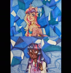 Size: 1615x1646 | Tagged: safe, artist:theartoffallensakura, imported from derpibooru, princess cadance, twilight sparkle, human, a canterlot wedding, alicorn humanization, dark skin, horn, horned humanization, humanized, messy hair, necktie, scene interpretation, sisters-in-law, smiling, sweater vest, winged humanization, wings