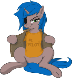 Size: 1009x1083 | Tagged: safe, artist:plusminus10ions, imported from derpibooru, oc, oc only, oc:ldblue, pony, unicorn, derpibooru community collaboration, 2021 community collab, clothes, colored, eyepatch, female, horn, simple background, sitting, smug, solo, transparent background, unicorn oc