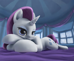 Size: 1920x1600 | Tagged: safe, artist:odooee, imported from derpibooru, rarity, pony, unicorn, bed, bedroom, bedroom eyes, female, heart eyes, looking at you, lying down, microsoft, prone, smiling, smiling at you, solo, window, windows, wingding eyes